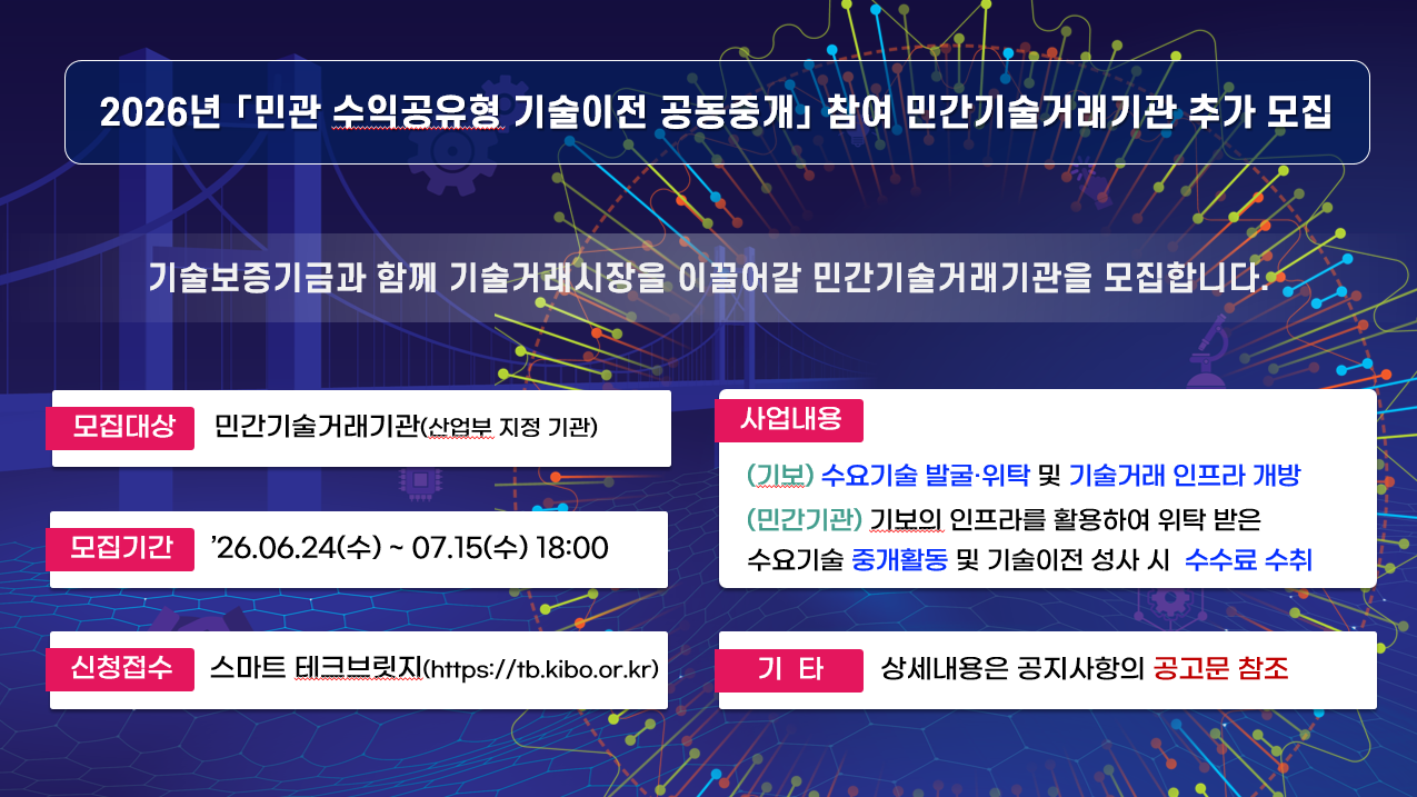 2026년 민관 수익 공유형 기술이전 공동중개 참여 민간기술거래기관 추가모집 공고